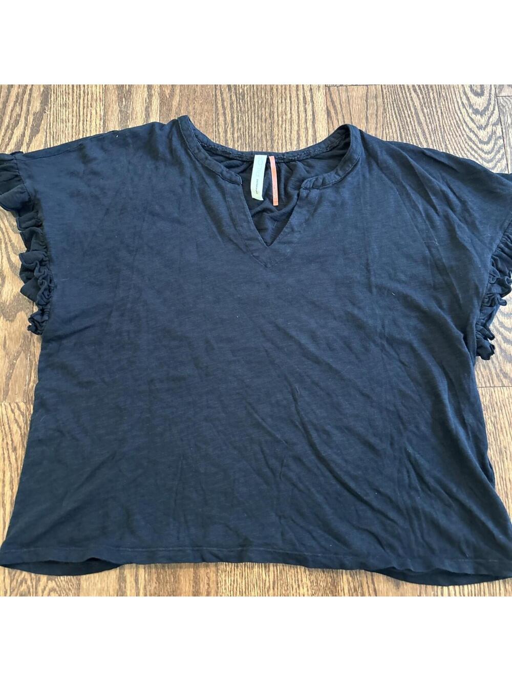 Anthropologie Boho Pilcro Women’s Ruffle Short Sleeve V-Neck  XL Black Oversize